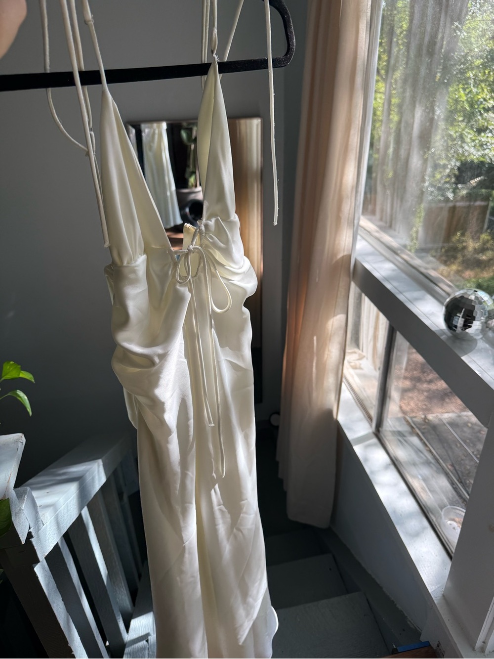 Zara Ivory Satin Midi Slip Dress with Tie-Front
